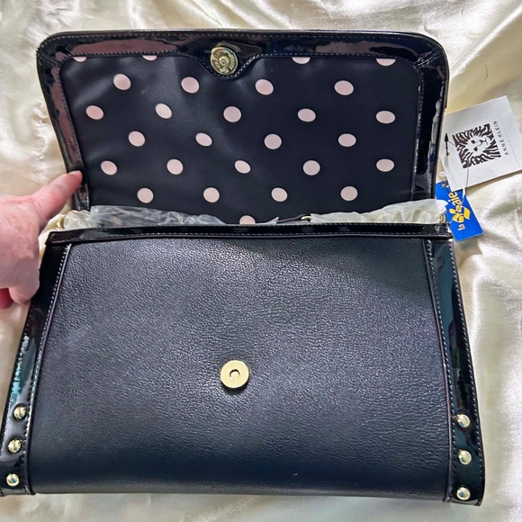CLUTCH, ANNE KLEIN, BLACK, WITH GOLD TONE METAL STUDS, PATENT ACCENTS, SHOULDER - Picture 7 of 13